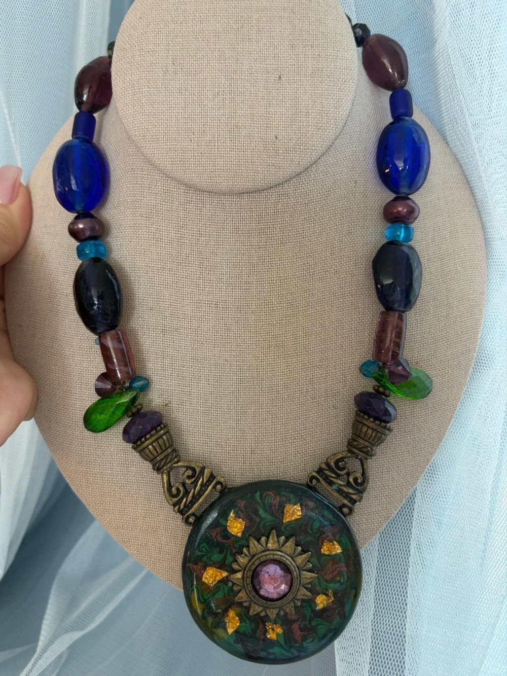 Chico's Green and Purple Statement Necklace with Matching Earrings Pierced